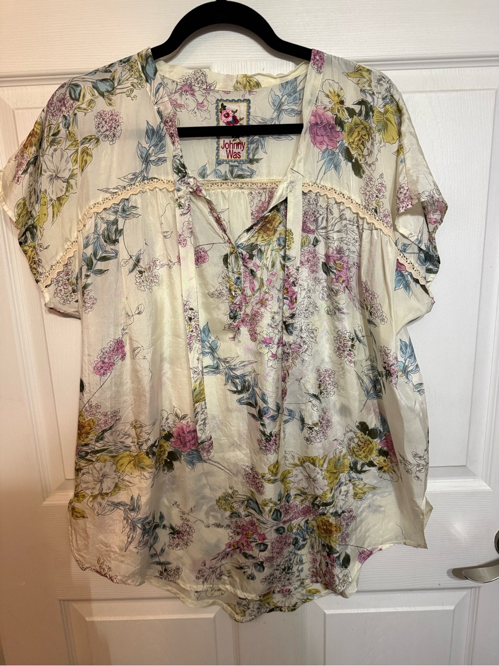 Johnny Was Silk Cream Floral Tie-Neck Blouse with Pink & Yellow Accents
